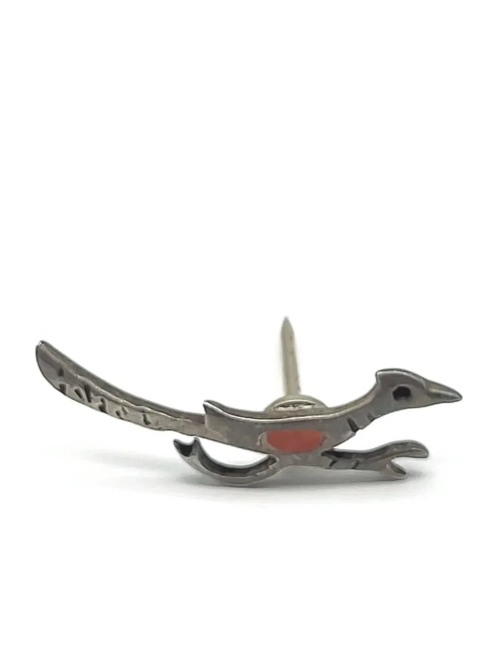Vintage Sterling Silver Coral Roadrunner Tie tack pin Southwest Jewelry